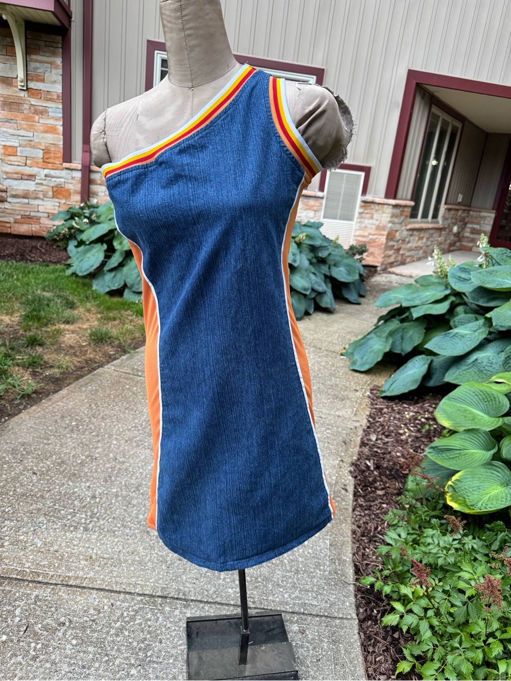 Collection Piece : One-Shoulder Denim Dress with Orange Side Panels